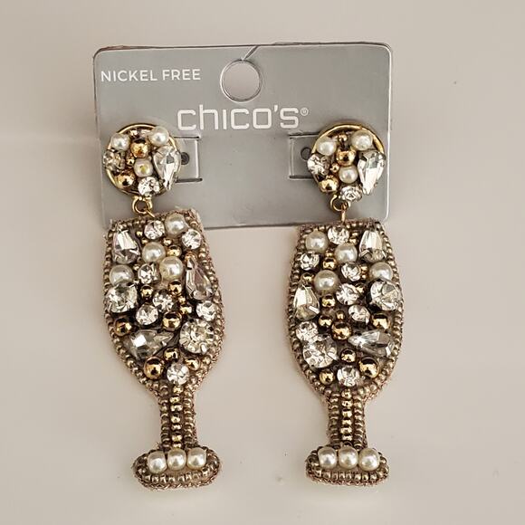 Chico's Champagne Glass Earrings Faux Pearls Gold‎ Tone Beads Crystals NWT - Picture 8 of 9